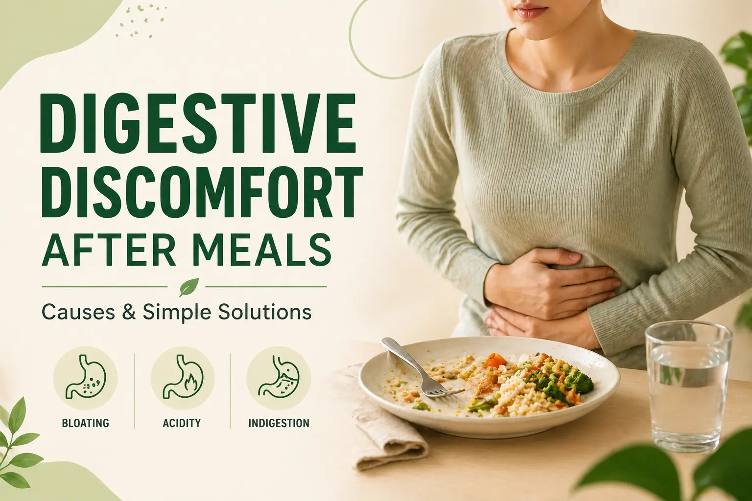 An infographic titled Digestive Discomfort After Meals showing a woman with stomach pain and icons for bloating, acidity, and indigestion.