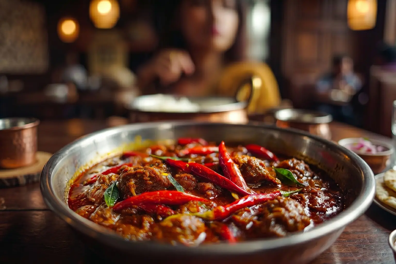 A close-up of a spicy meat curry topped with many red chilies, representing common food triggers for indigestion and stomach discomfort. Showing Digestive discomfort after