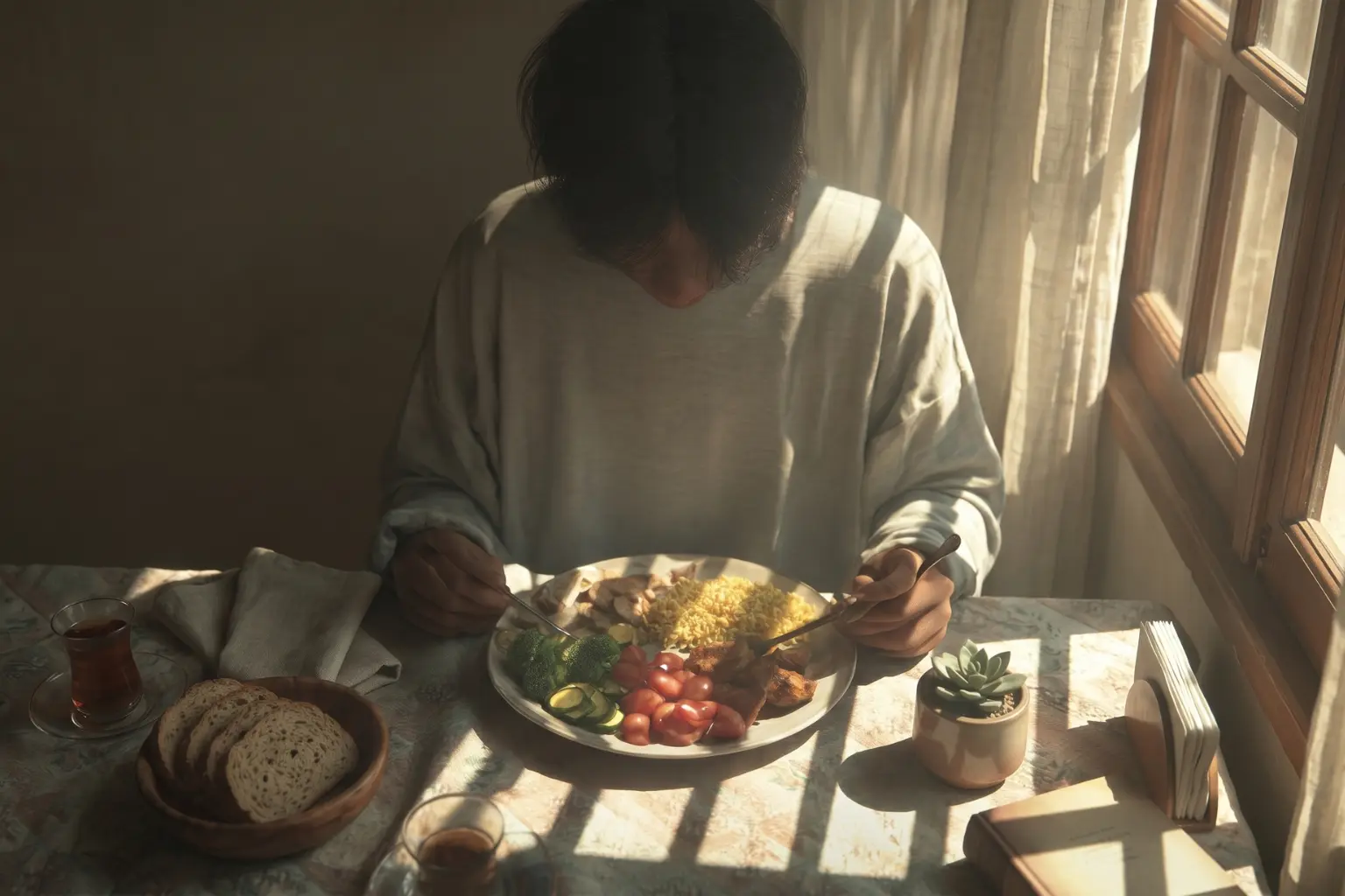 A person eating a healthy, balanced meal of vegetables and grains in soft sunlight to help prevent digestive discomfort and acidity.