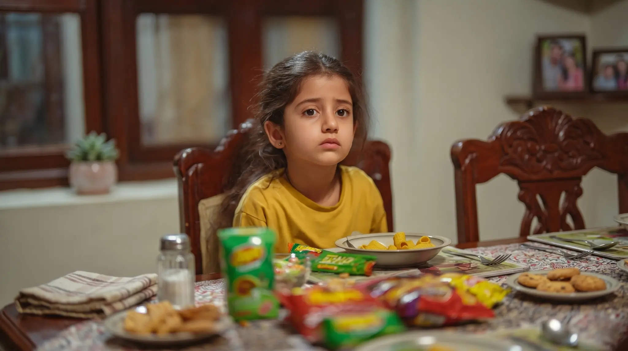 A young girl looking disinterested in food at a table, illustrating signs of zinc deficiency and picky eating patterns in kids. showing Zinc syrup benefits for kids