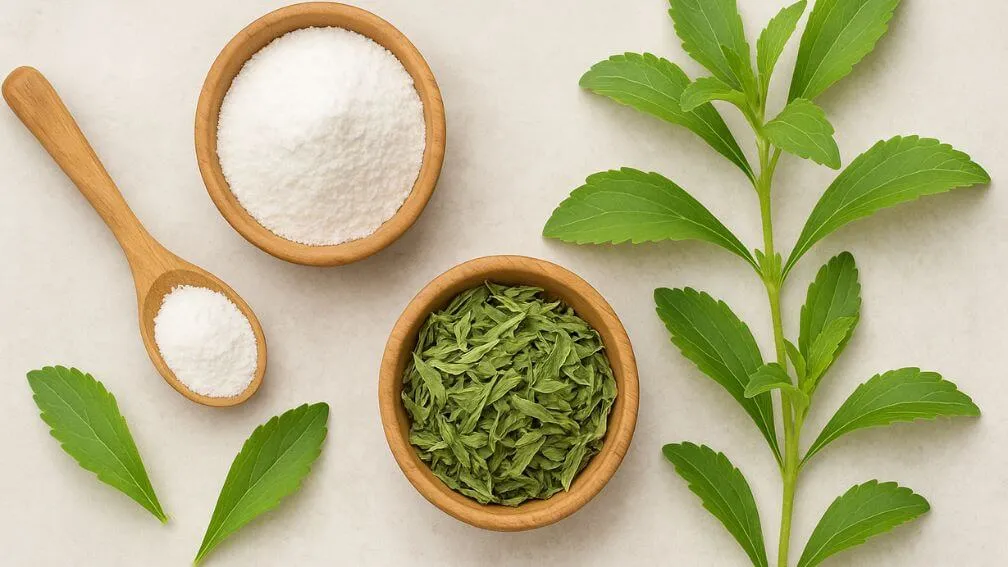 Comparison of Stevia sweetener in three forms: fresh green leaves, dried leaves in a wooden bowl, and refined white powder with a wooden spoon.