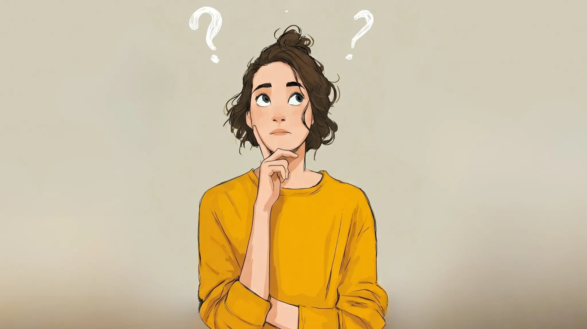 An illustration of a woman thinking with question marks, representing the choice between taking iron syrup vs tablets for health.