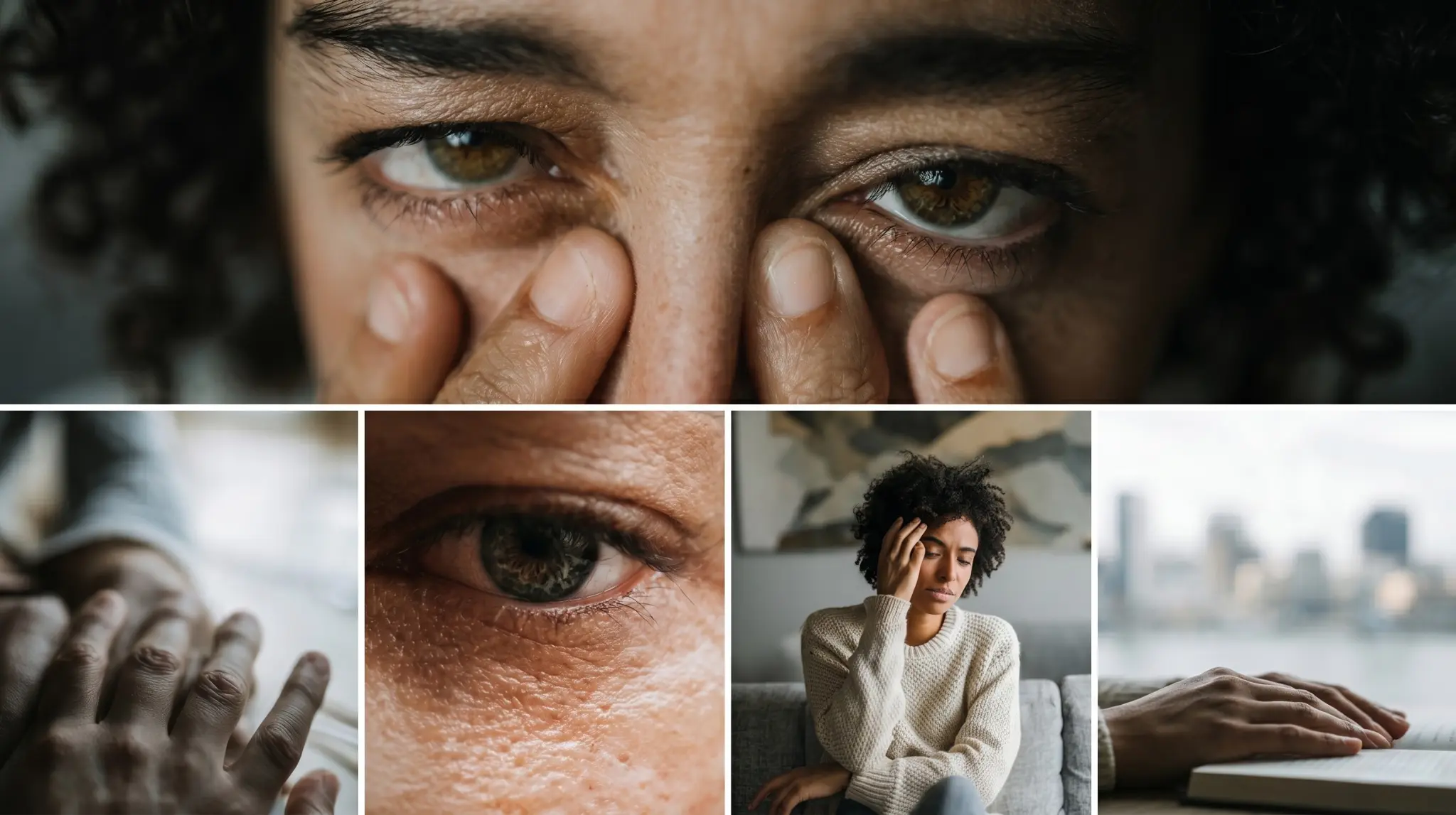 A collage showing a woman experiencing iron deficiency symptoms like fatigue and pale eyes, highlighting the need for an effective anemia treatment and energy supplements in Pakistan.