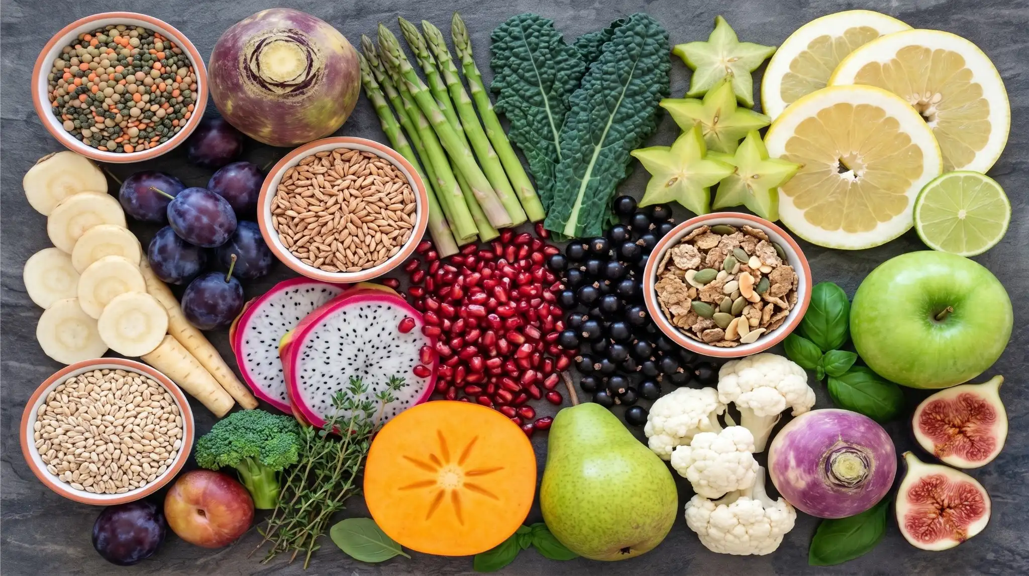 A variety of prebiotic fiber-rich foods including lentils, grains, fruits, and vegetables to help increase daily fiber intake for better digestion support.