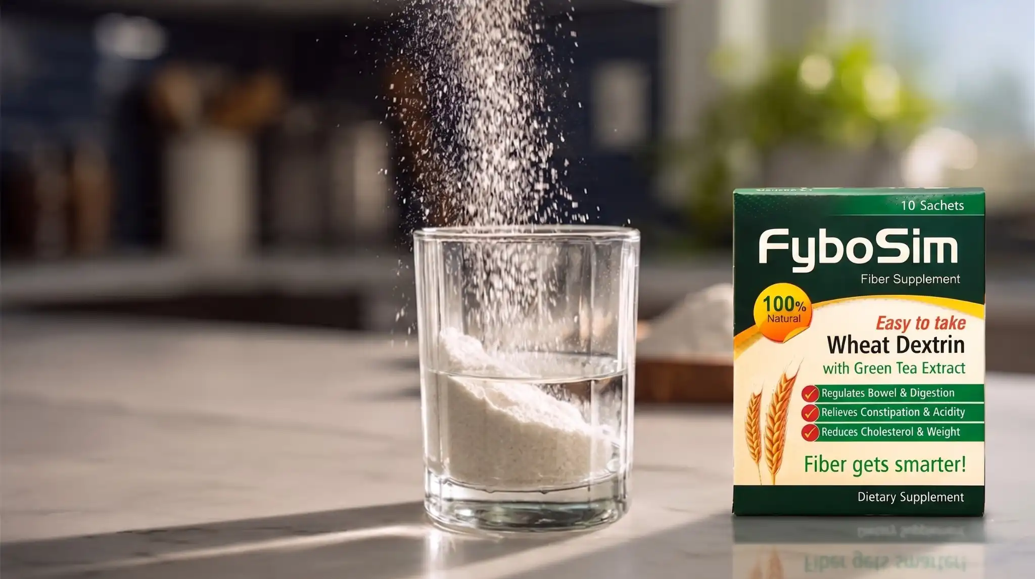 FyboSim wheat dextrin fiber supplement in Pakistan being poured into a glass of water to support gut health and provide constipation relief.