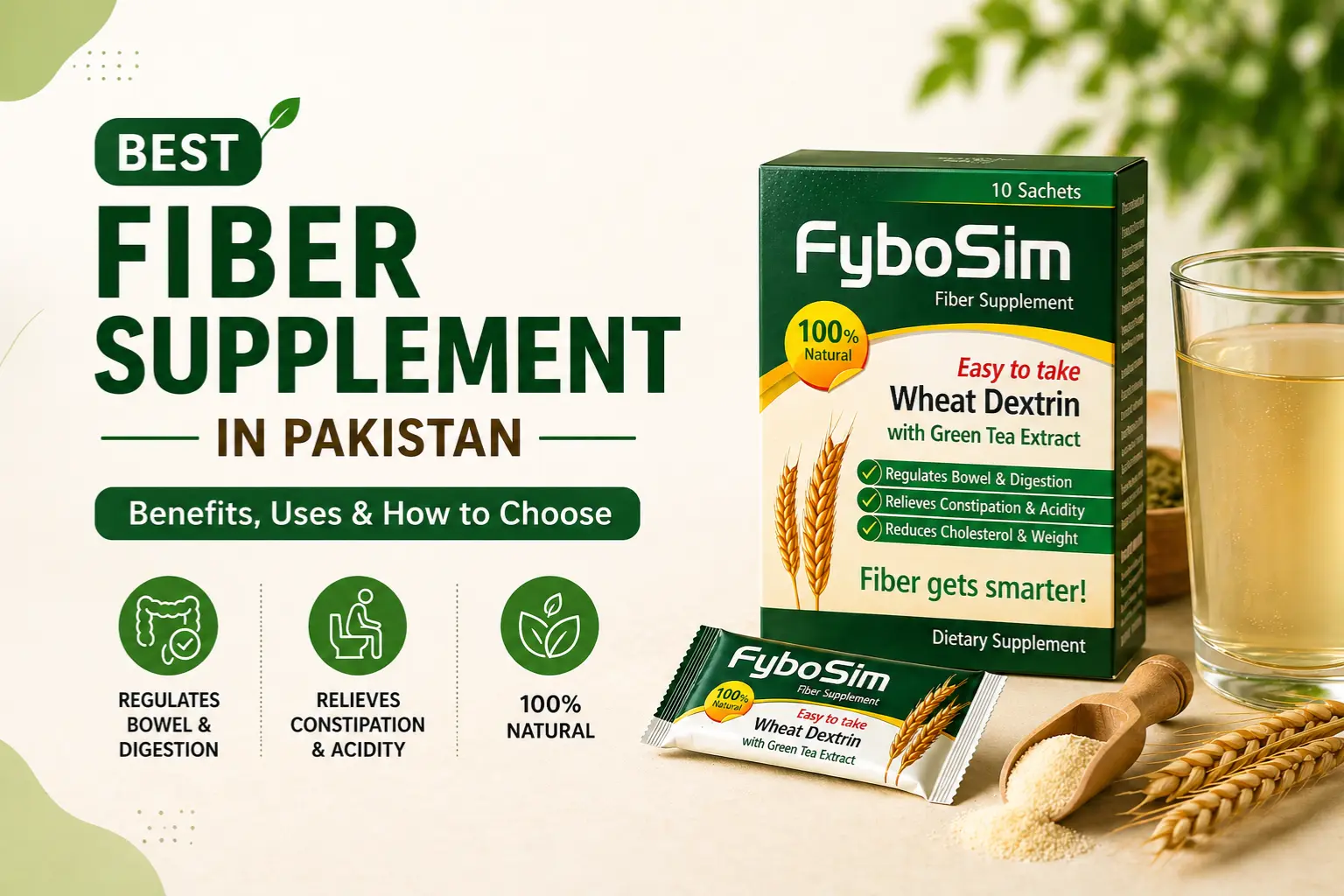 Best fiber supplement in Pakistan: FyboSim infographic showing benefits for constipation relief, acidity, and healthy digestion.
