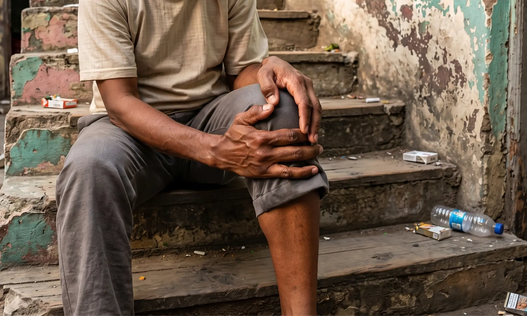 Man holding an aching knee on steps, showing poor bone health in Pakistan and common vitamin D symptoms.