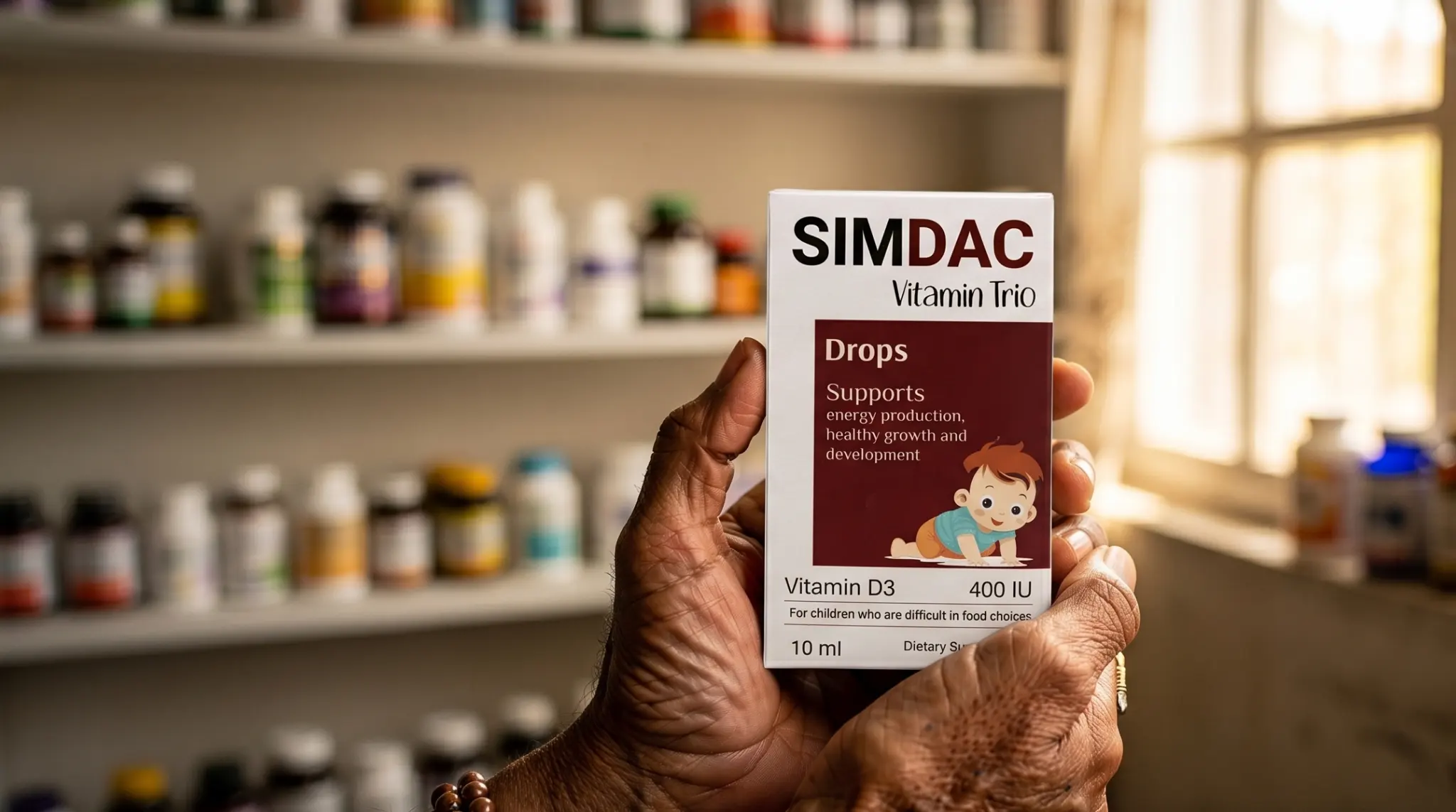 SIMDAC Vitamin Trio D3 drops for kids held in a pharmacy - essential multivitamin for children in Pakistan.