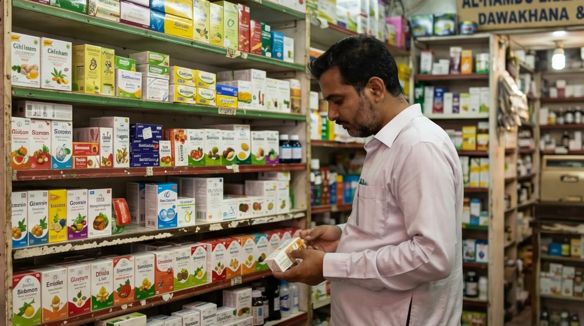 A customer holding a MultiFlux bottle and a smartphone in a modern supermarket aisle labeled vitamins and minerals, looking for daily multivitamin supplement options.