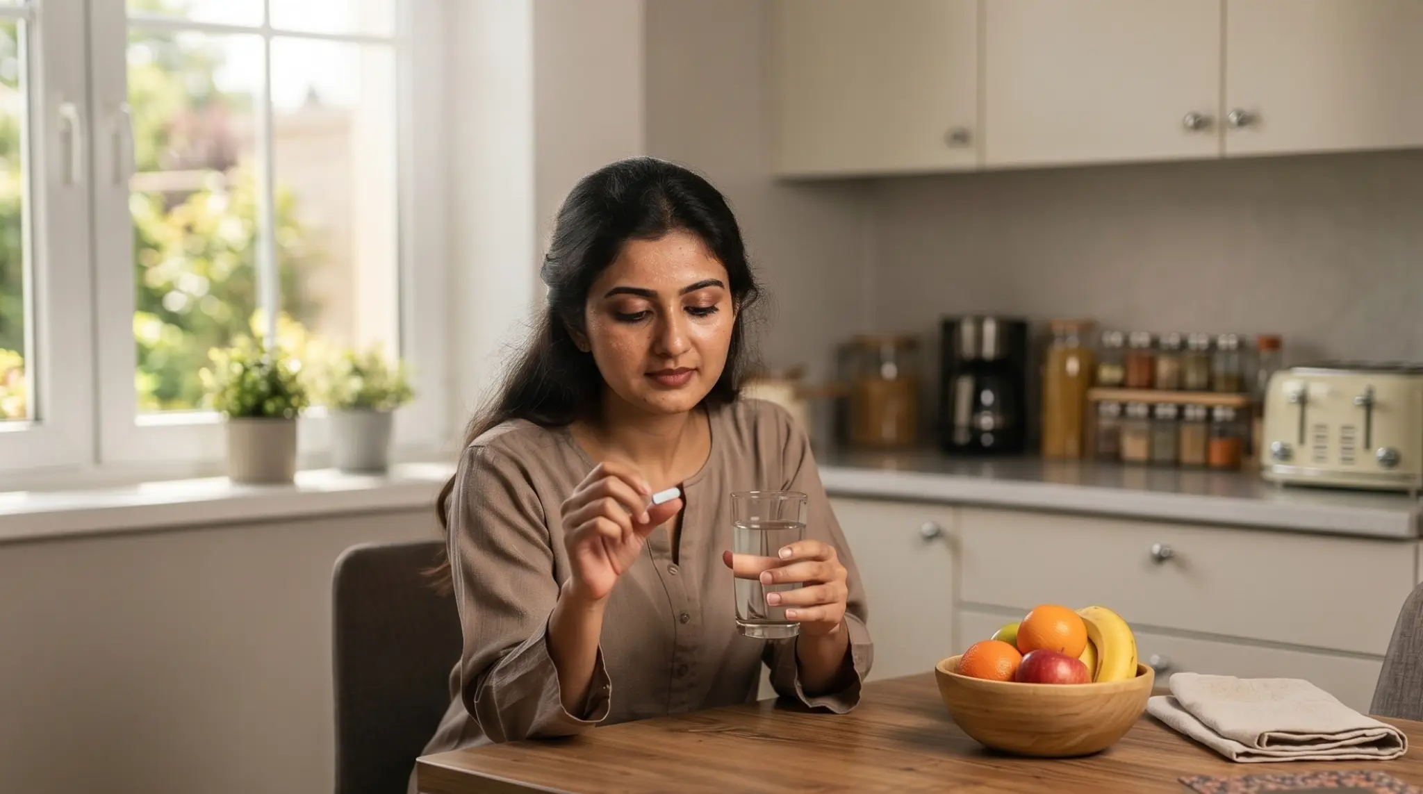 A woman taking biotin supplements in Pakistan with a glass of water to support keratin production and hair health.