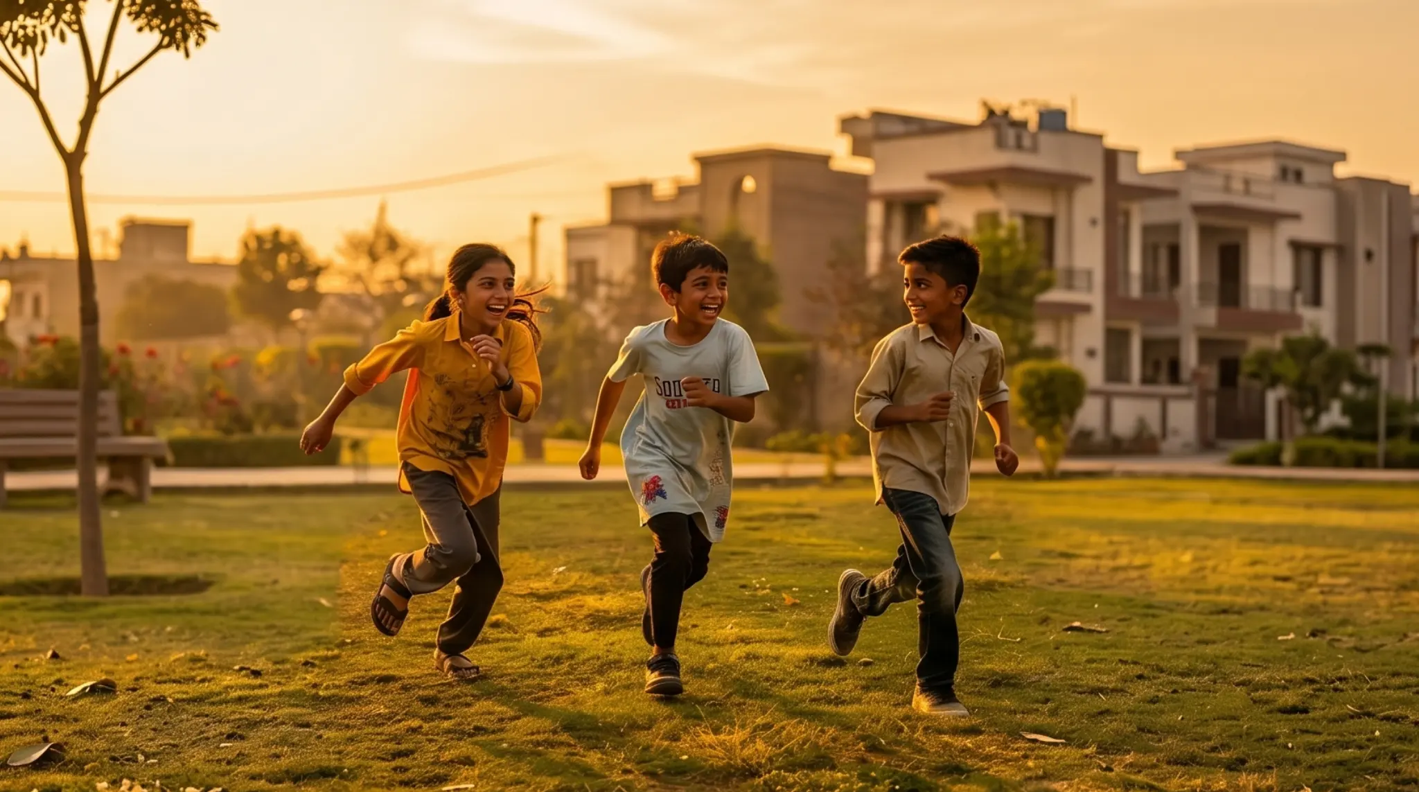 Active children running in a park, illustrating the energy benefits of the best multivitamin for kids in Pakistan.