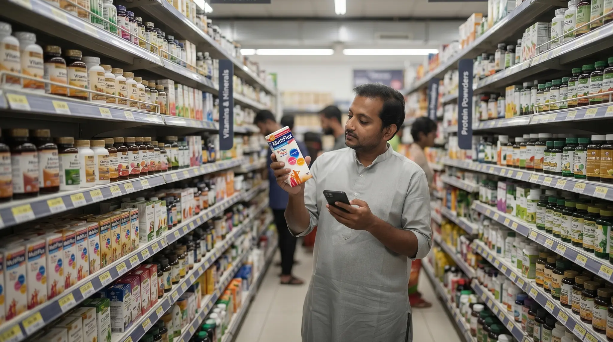 A man looking at herbal and health supplement boxes on the shelf of a traditional pharmacy, searching for the best multivitamin for men or energy support vitamins.