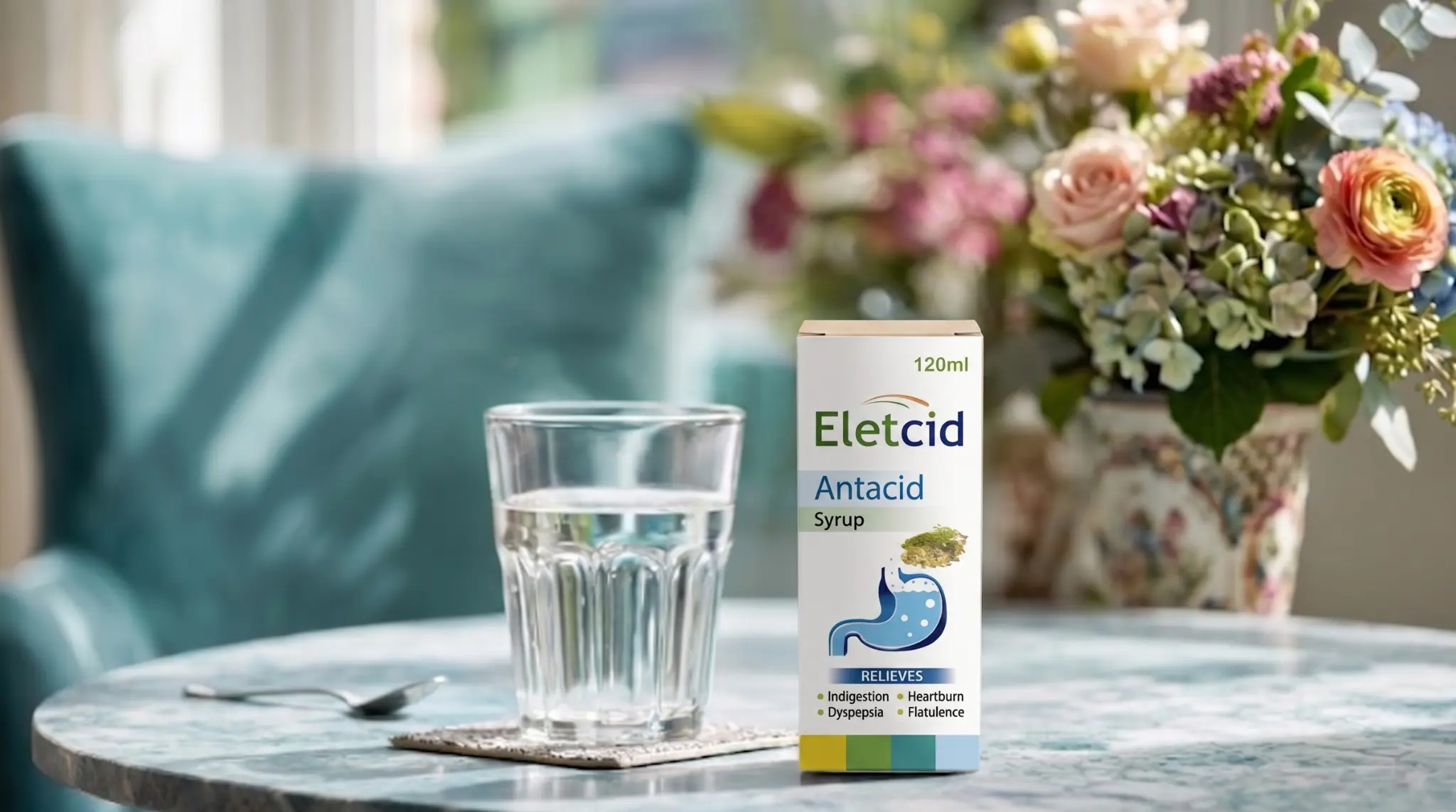 Eletcid Antacid Syrup bottle on a table next to a glass of water, highlighting the best syrup for stomach gas in Pakistan .