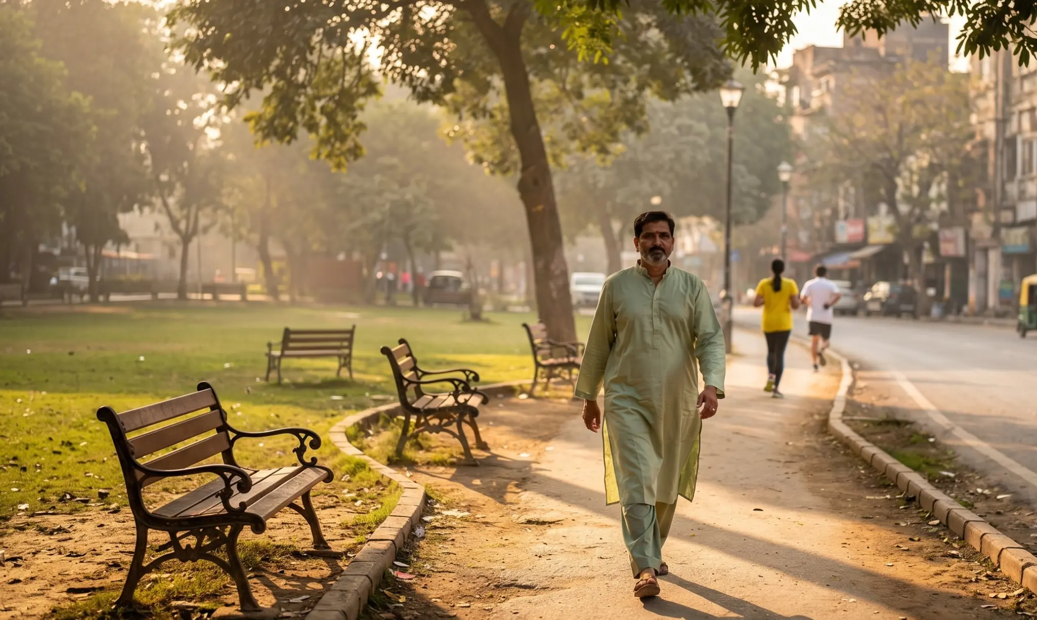 Man walking in a sunny park, showing how outdoor light exposure combats vitamin D deficiency causes.