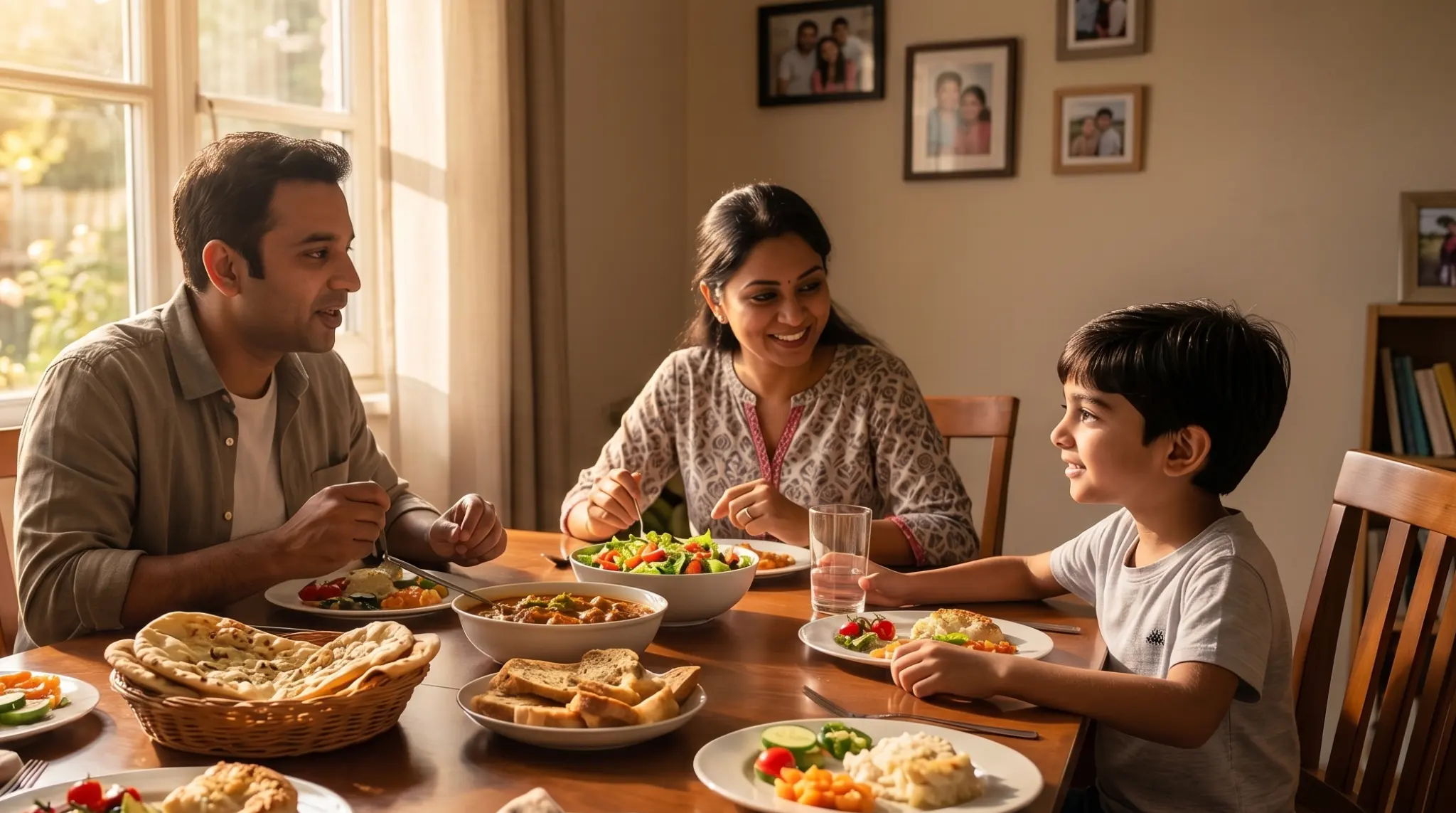 Pakistani family eating a balanced meal together to support nutritional needs and healthy child development.