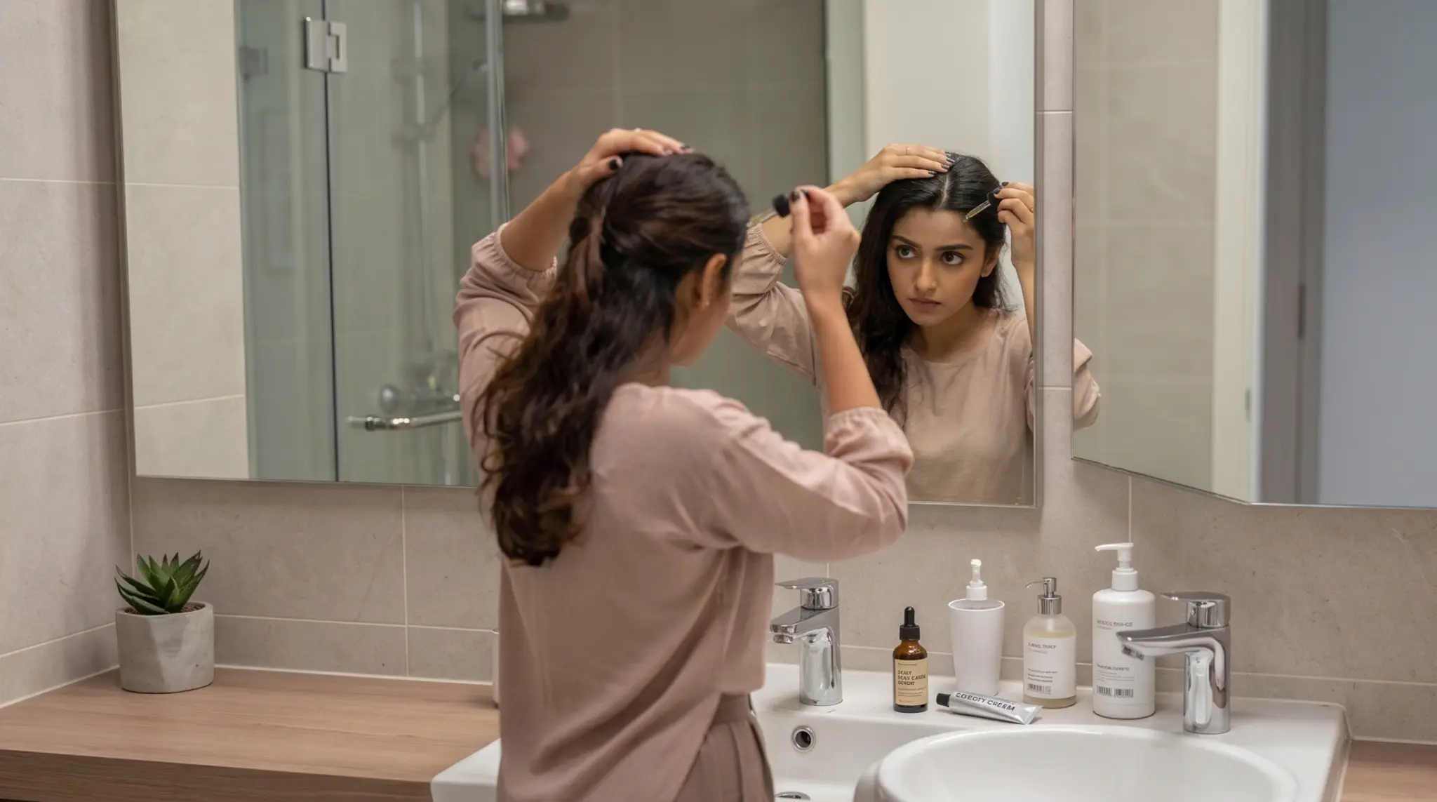 A woman applying biotin for hair growth vitamins and serum to her scalp as part of an effective hair fall treatment routine