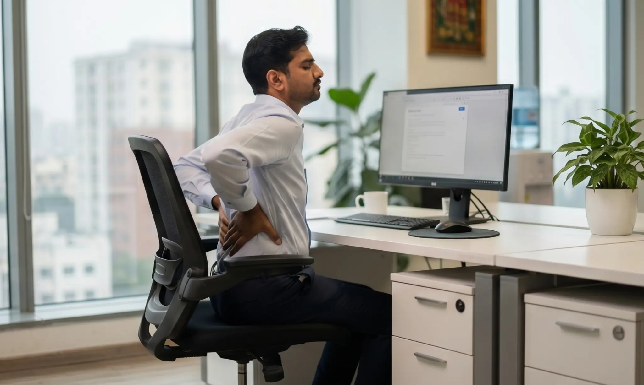 A corporate office worker holding his aching lower back at his desk, depicting fatigue causes and low vitamin D symptoms resulting from prolonged indoor lifestyles.