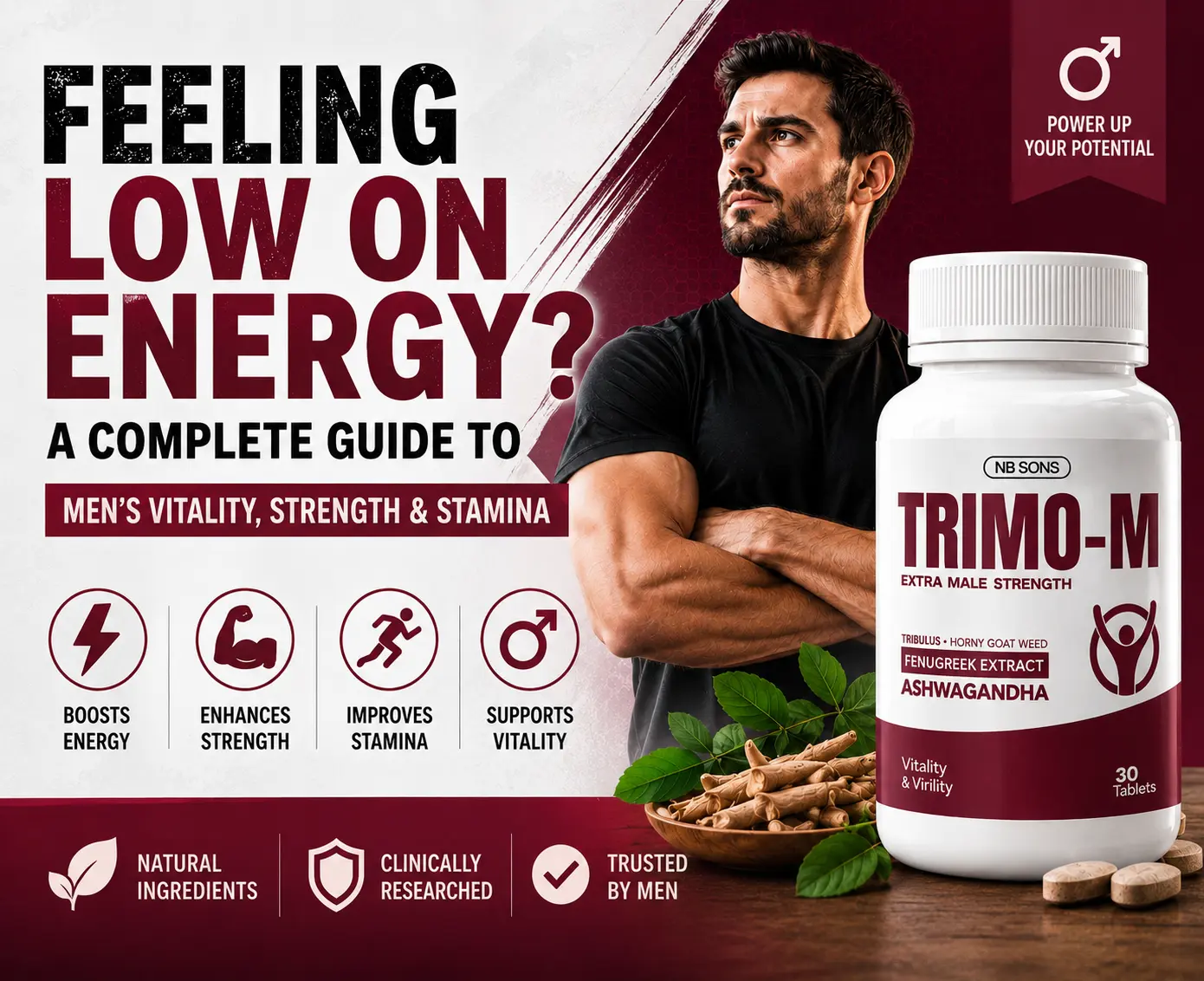 TRIMO-M supplement guide for men vitality support, boosting energy, strength, and stamina with natural ingredients.