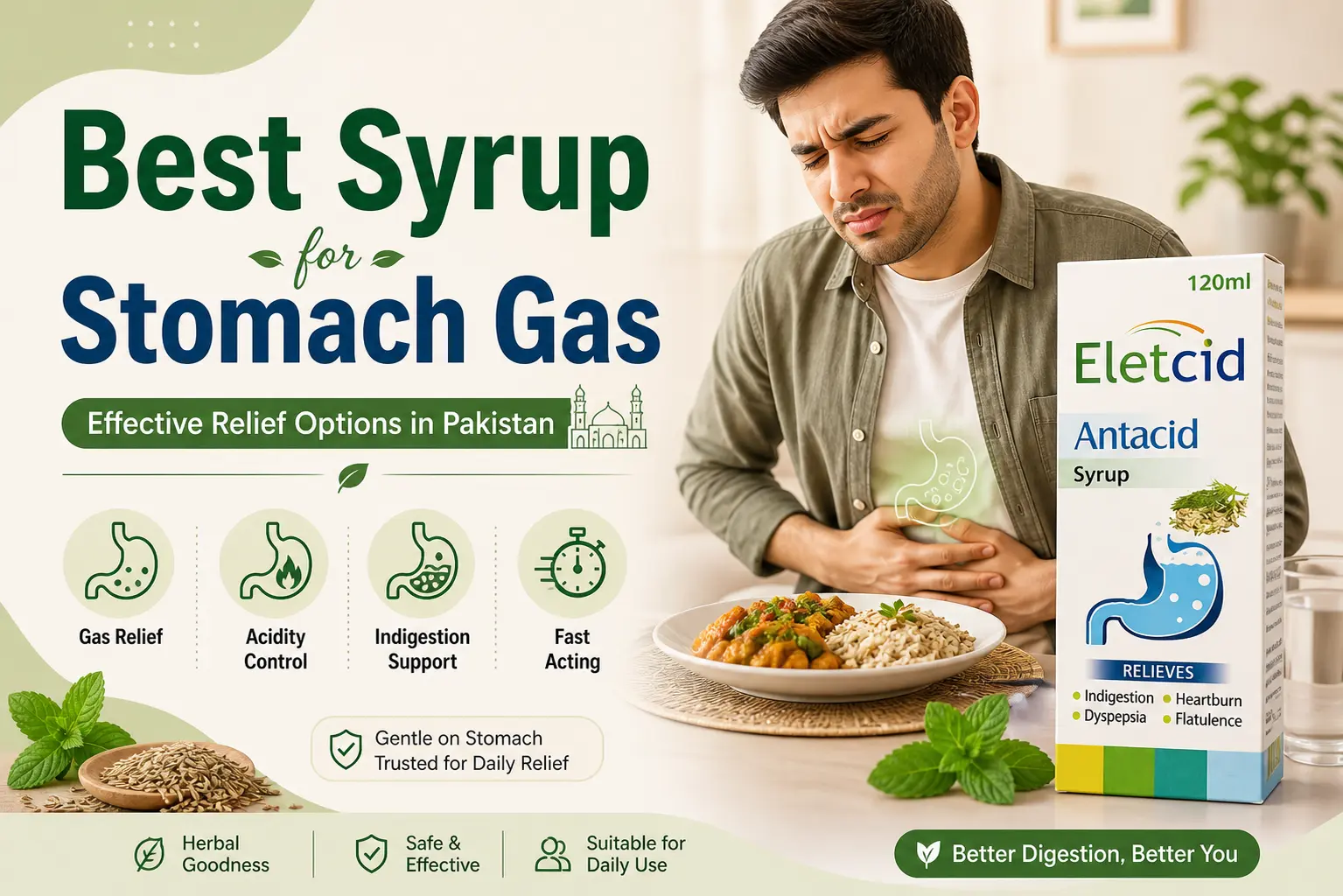 A man experiencing bloating next to Eletcid Antacid, the best syrup for stomach gas, acidity, and indigestion support in Pakistan.