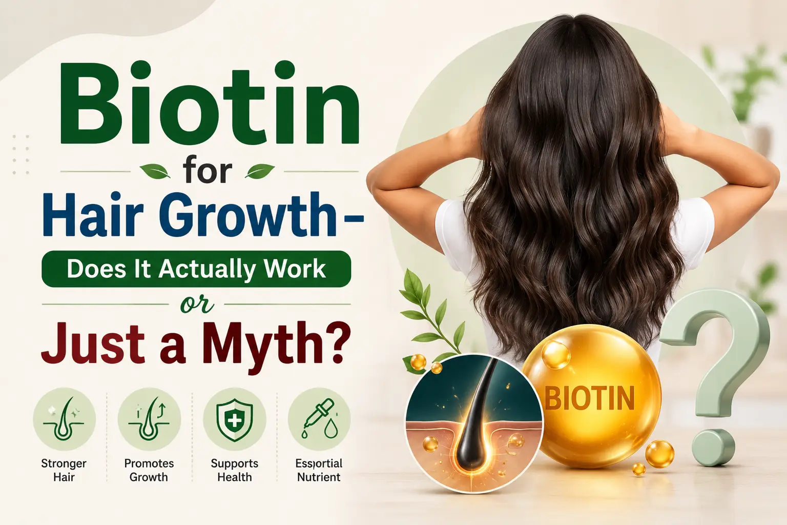 Infographic titled "Biotin for Hair Growth – Does It Actually Work or Just a Myth?" detailing biotin benefits and essential nutrients.
