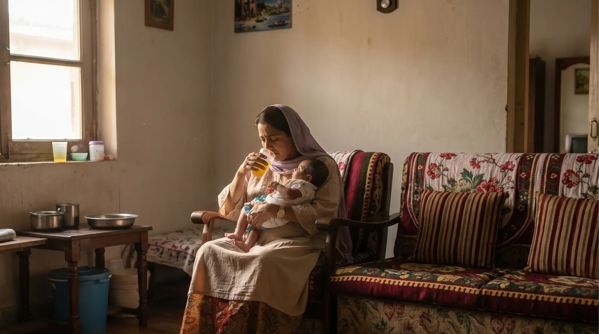 Mother holding her newborn while staying hydrated to help increase breast milk naturally.