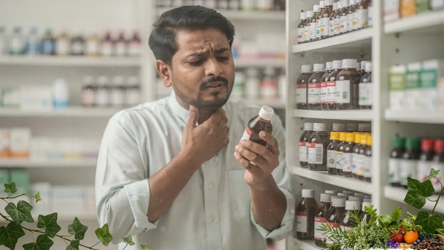 A man holding a medicine bottle at a pharmacy looking for the best dry cough syrup in Pakistan.