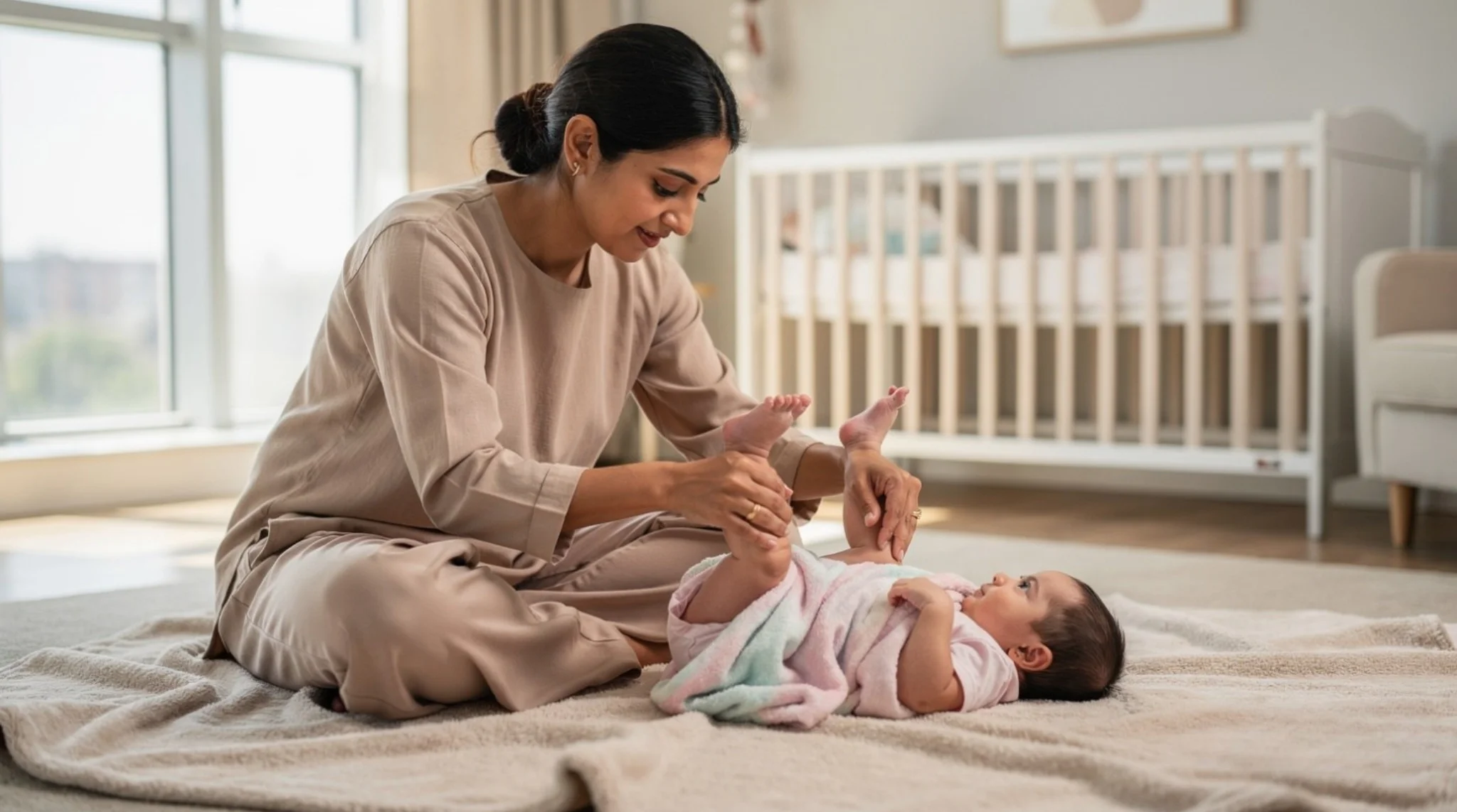Mother gently moves her baby's legs in a bicycle motion to help relieve infant gas.