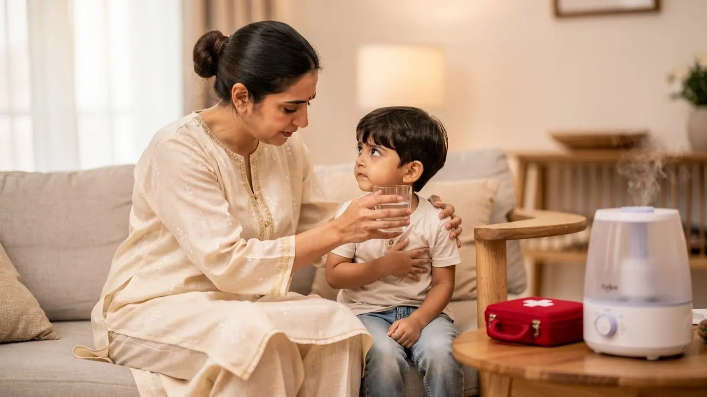 Mother comforting a child next to a humidifier while looking for an effective syrup for dry cough.