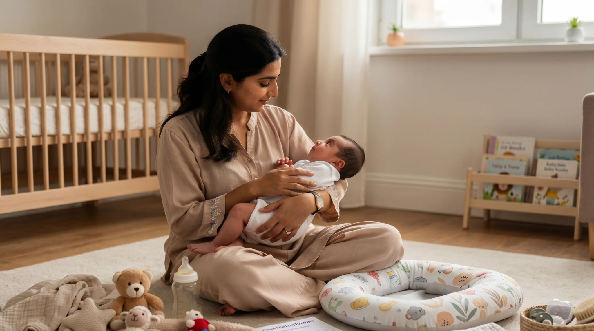 Mother gently cradles her baby on the nursery floor next to a bottle and feeding pillow.
