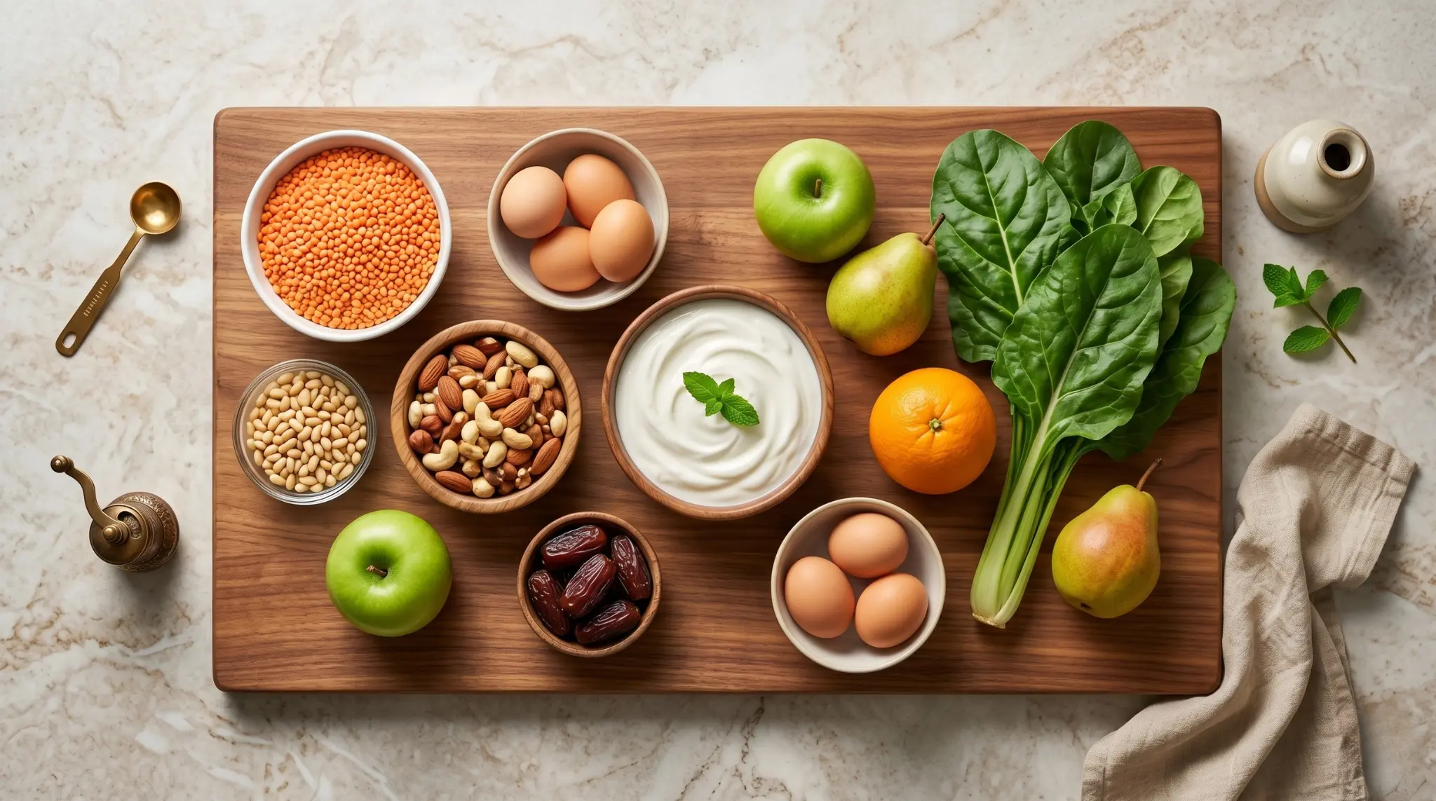 An overhead view of a wooden board with eggs, spinach, yogurt, and nuts, showcasing a diet for female fertility support.