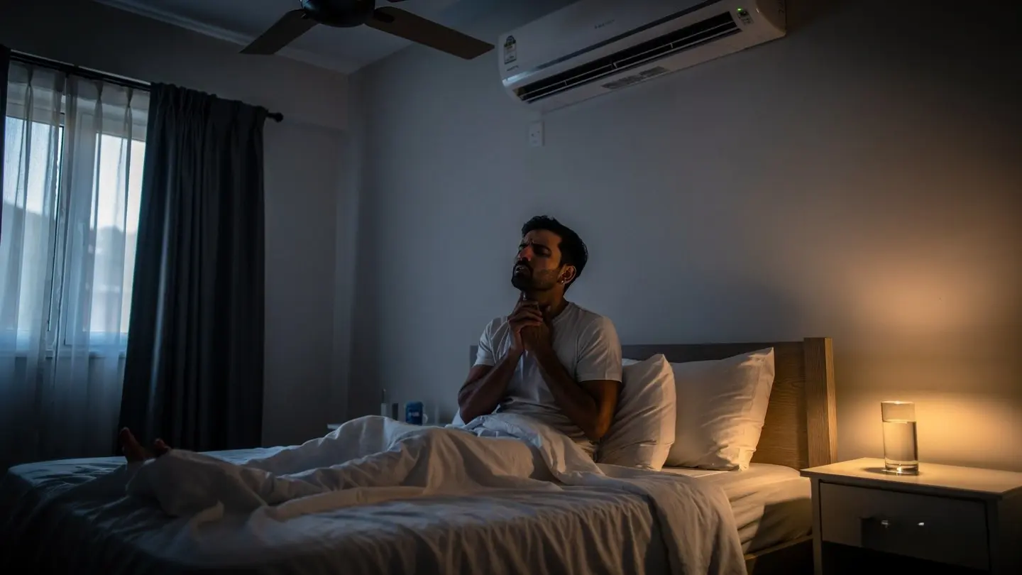 Man awake at night holding his throat due to severe coughing, needing a dry cough syrup in Pakistan.