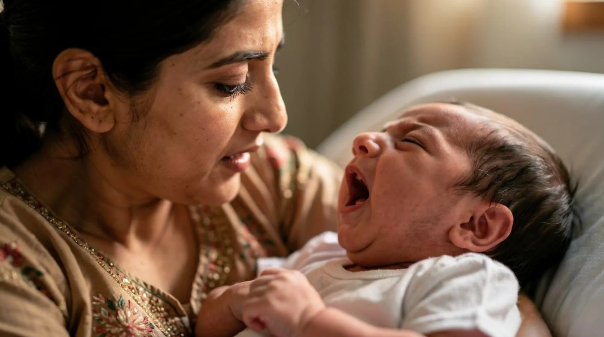 Mother holds her calm baby near baby bottles to address early signs of hunger. checking why baby crying non stop
