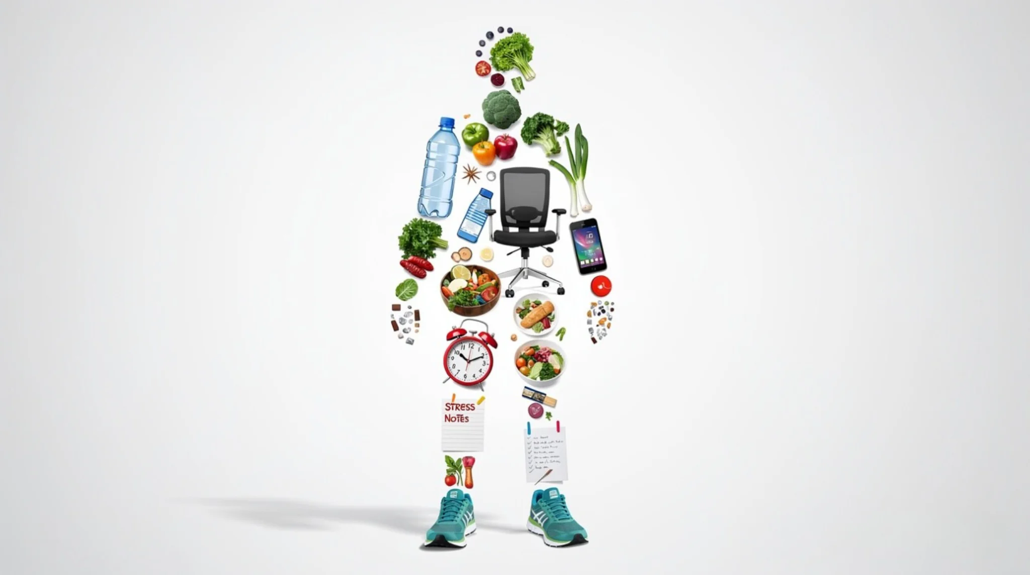 A human silhouette creatively composed of lifestyle elements representing Everyday Habits Affecting Your Health, including fruits, vegetables, water bottles, an office chair, a smartphone, a red alarm clock, a notepad titled "Stress Notes," and running shoes.