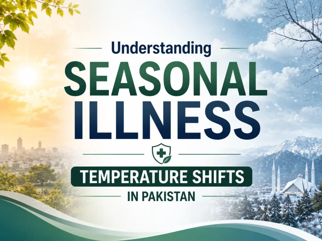 Graphic banner reading Understanding Seasonal Illness Temperature Shifts in Pakistan, featuring a visual split between hot sunny weather and freezing winter weather.