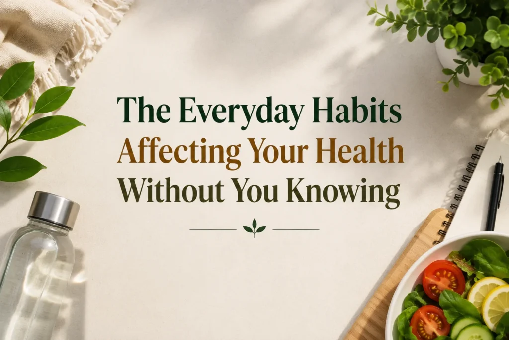A blog banner graphic featuring the text "The Everyday Habits Affecting Your Health Without You Knowing" surrounded by a glass water bottle, a fresh green salad with tomatoes and lemons, a notebook, and leafy green plants.