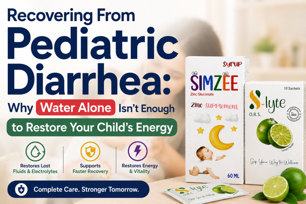 Mother helping her child recover from pediatric diarrhea with ORS and zinc supplements, highlighting that water alone is not enough to restore a child's energy.