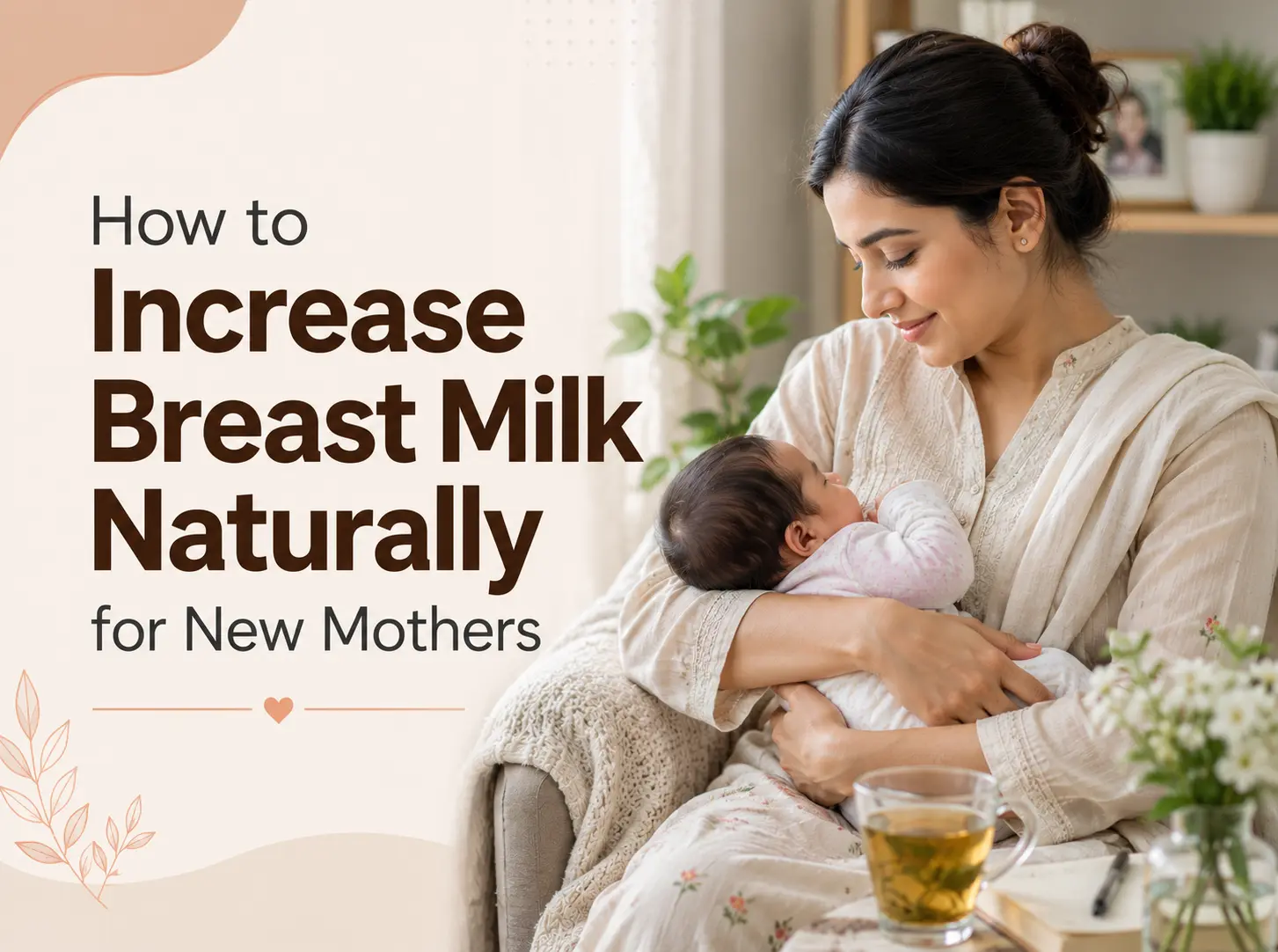 Blog cover showing a mother holding her newborn, with text on how to increase breast milk naturally for new mothers.