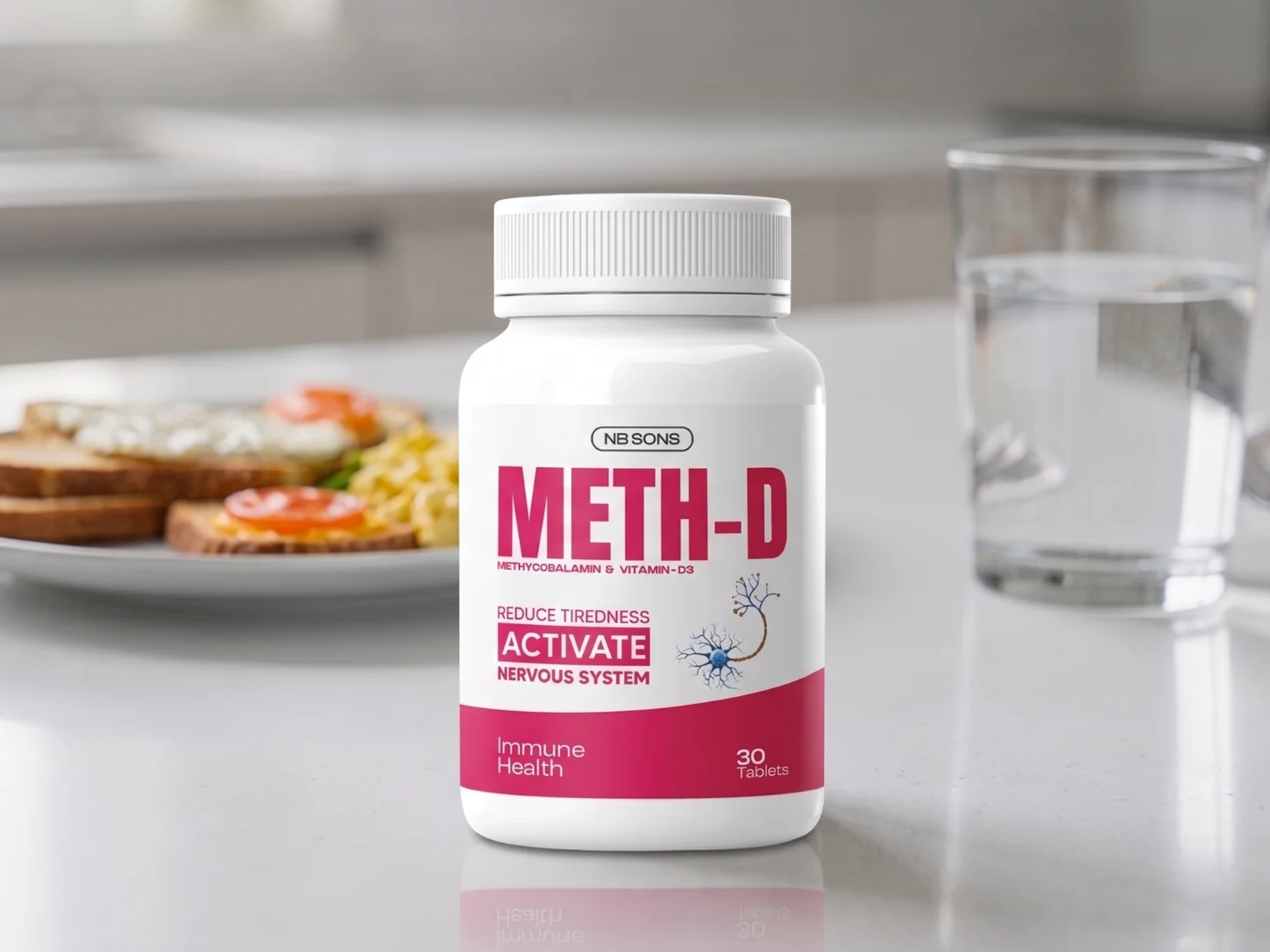 A bottle of METH-D methylcobalamin and vitamin D3 tablets placed on a kitchen counter next to breakfast.