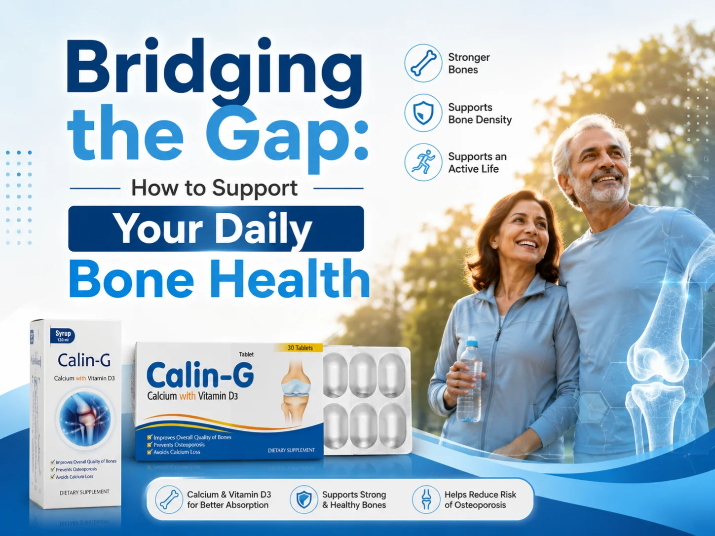 Calin-G calcium and vitamin D3 supplements displayed next to an active older couple to support daily bone health for individuals who are vitamin D deficient.