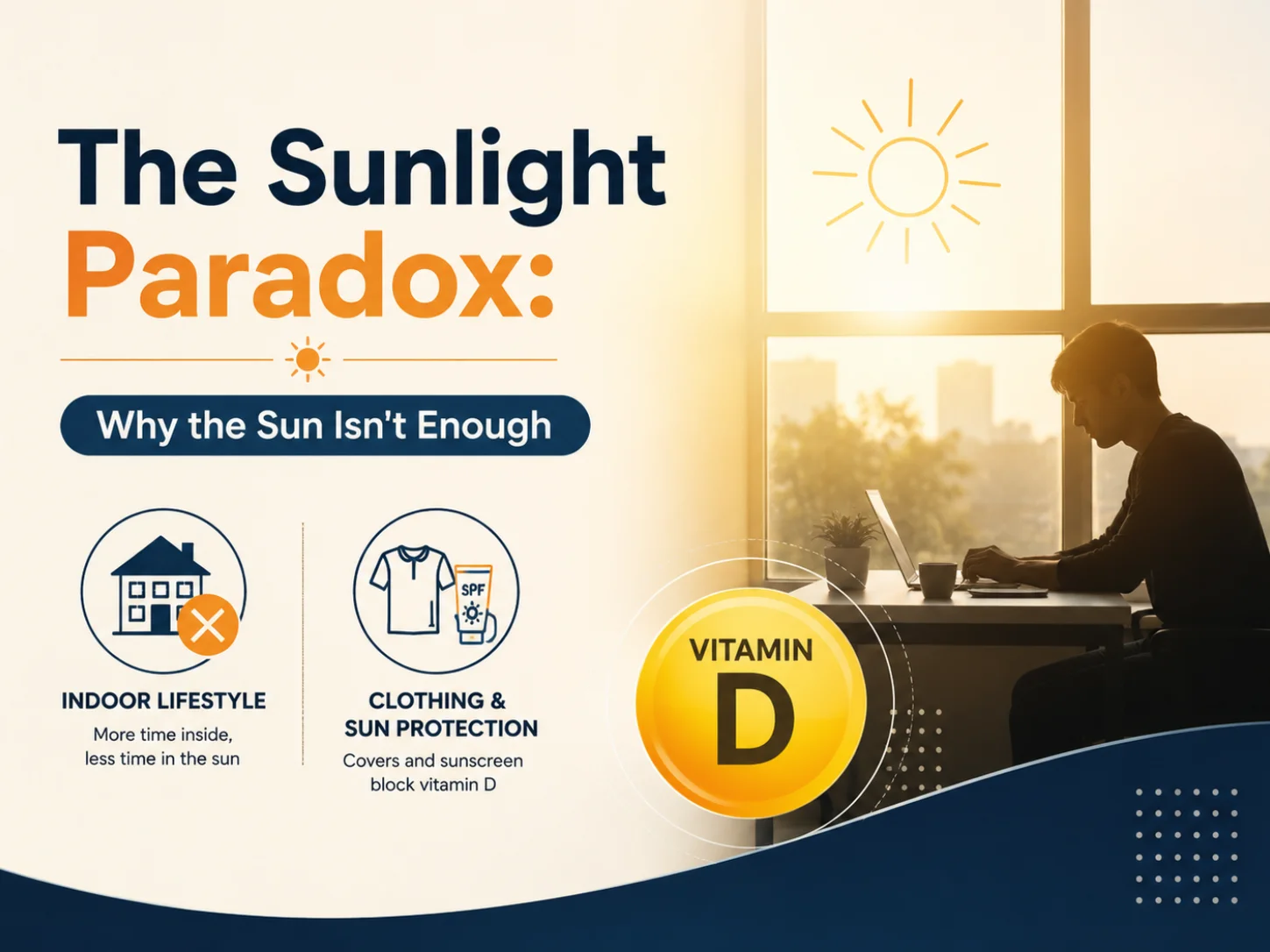 Infographic explaining the sunlight paradox, showing how an indoor lifestyle and sun protection can leave people vitamin D deficient despite sunny weather.